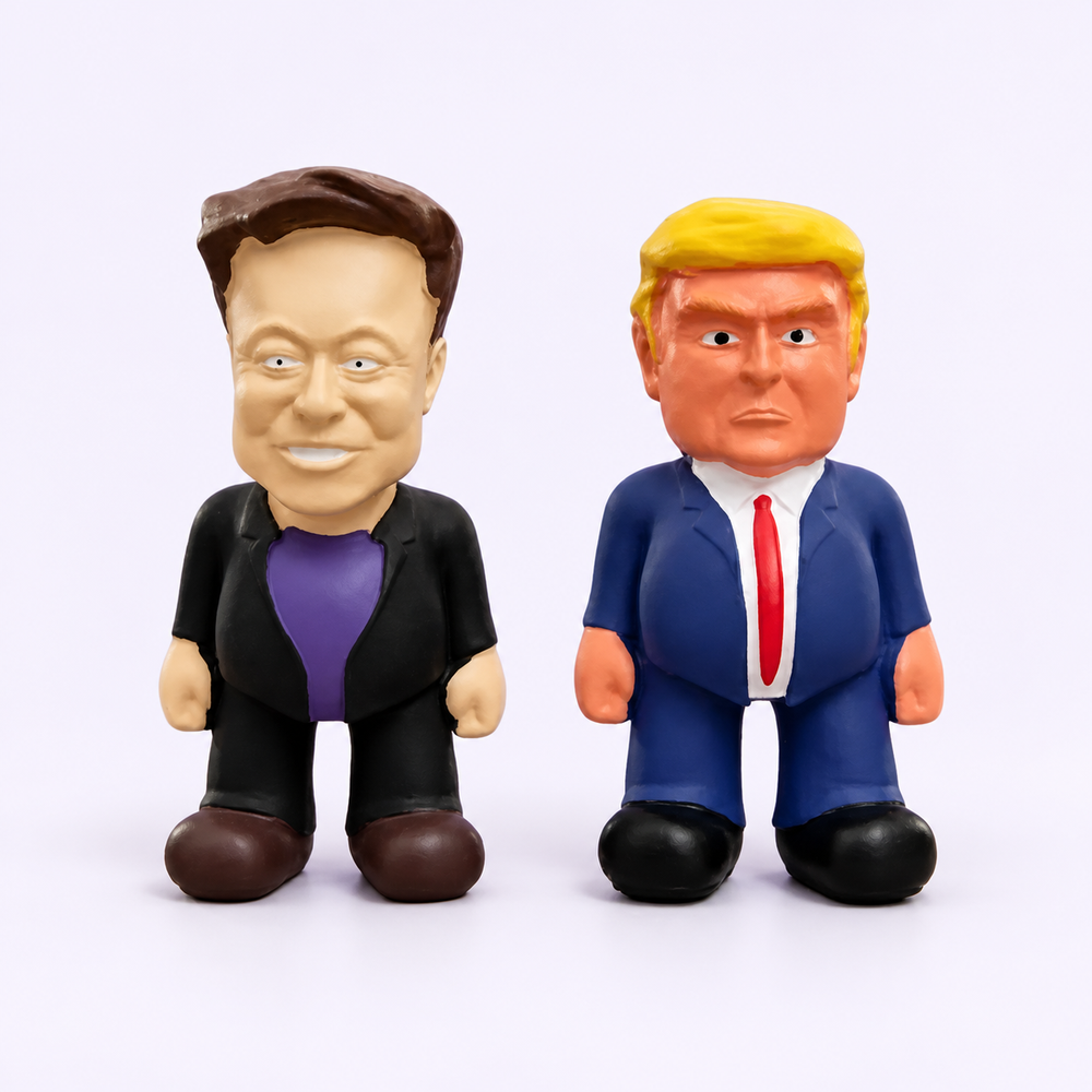 Trump-Musk Special bundle with the original Elon Musk and Donald Trump dog toys standing side by side on a pale studio background.