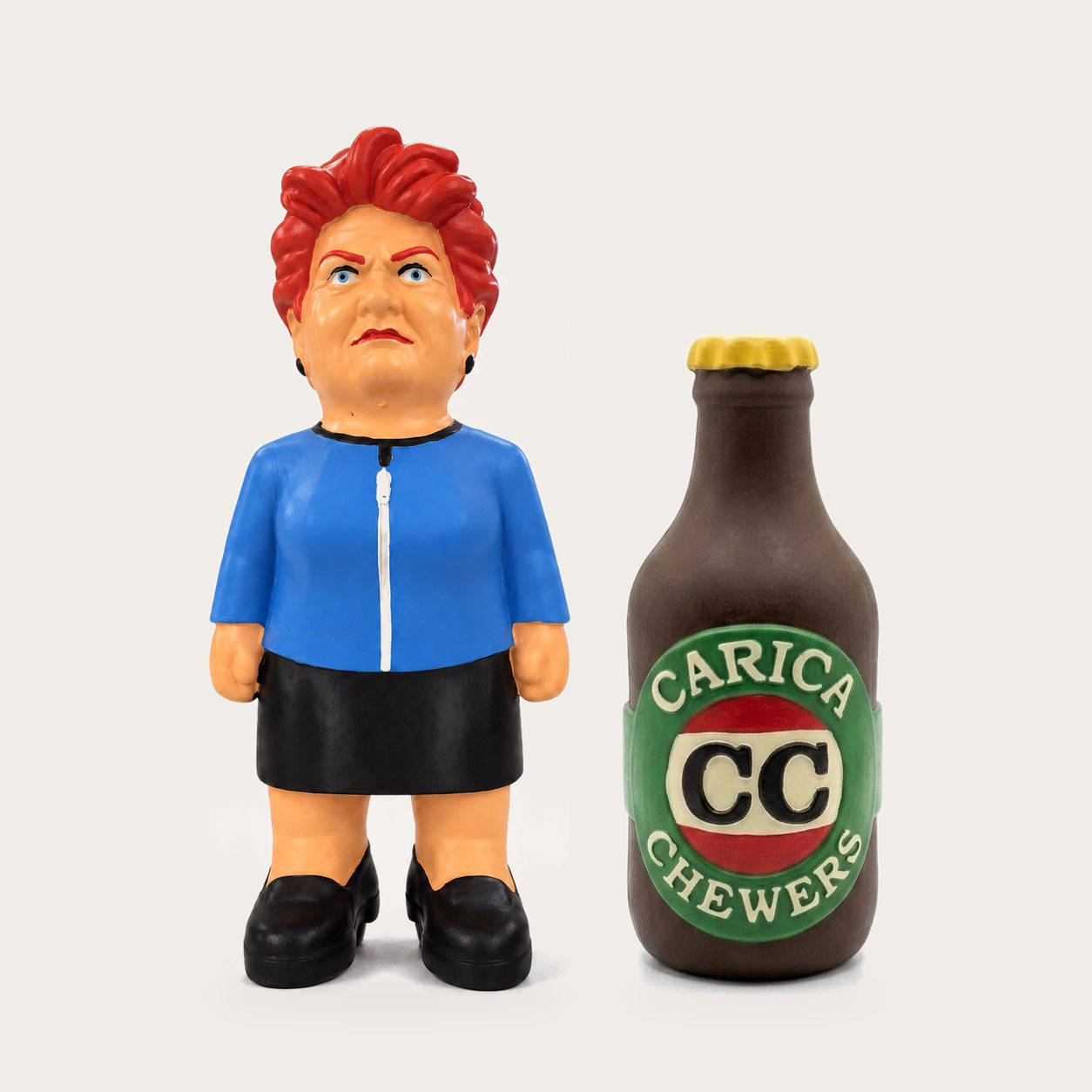 Large Pauline Hanson dog toy and Carica Chewers CC Long Neck beer bottle dog toy side by side