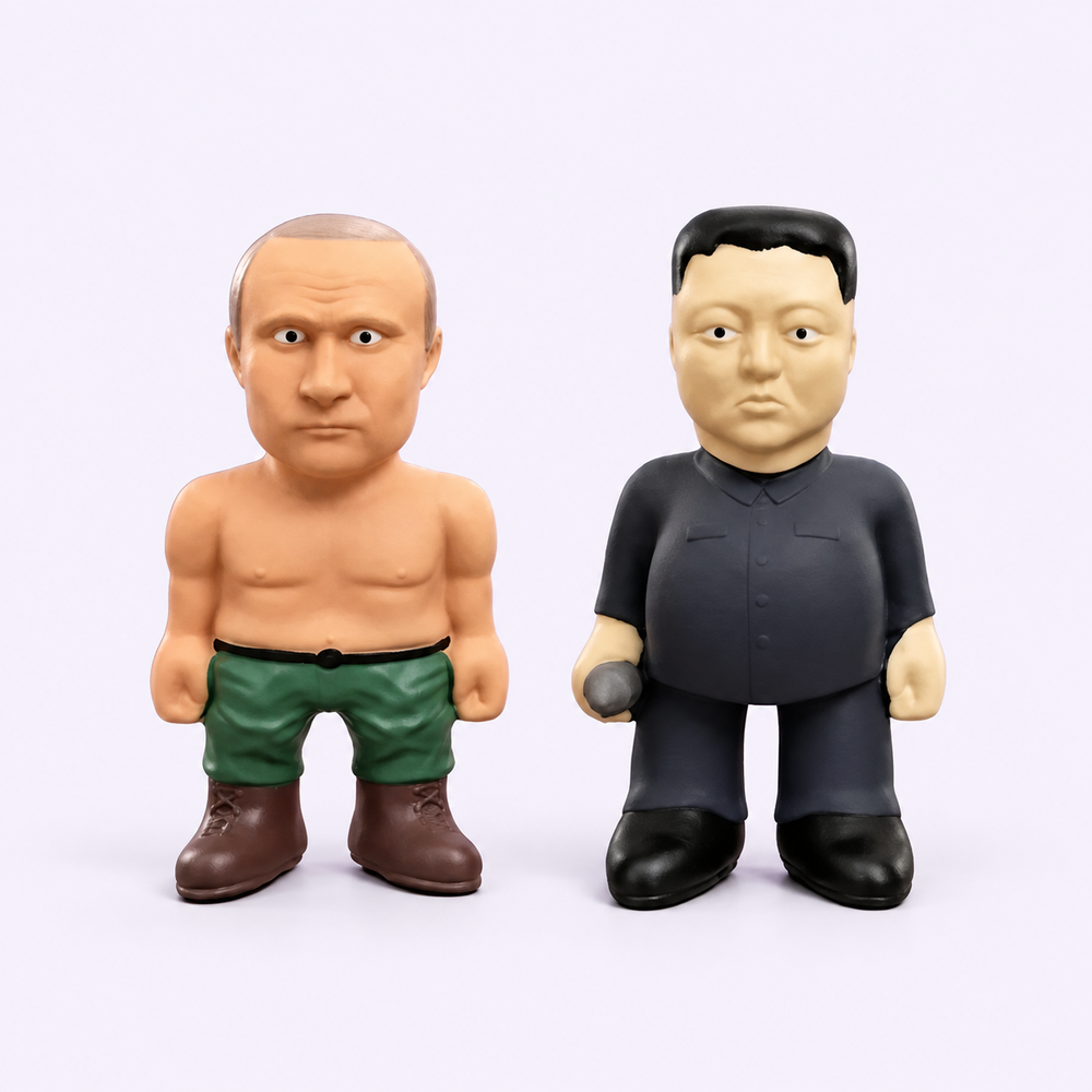 Dictator Duo bundle with the original Vladimir Putin and Kim Jong-un dog toys standing side by side on a pale studio background.