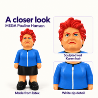 MEGA Pauline Hanson dog toy detail graphic: sculpted red Karen hair, white zip detail, and made from latex.
