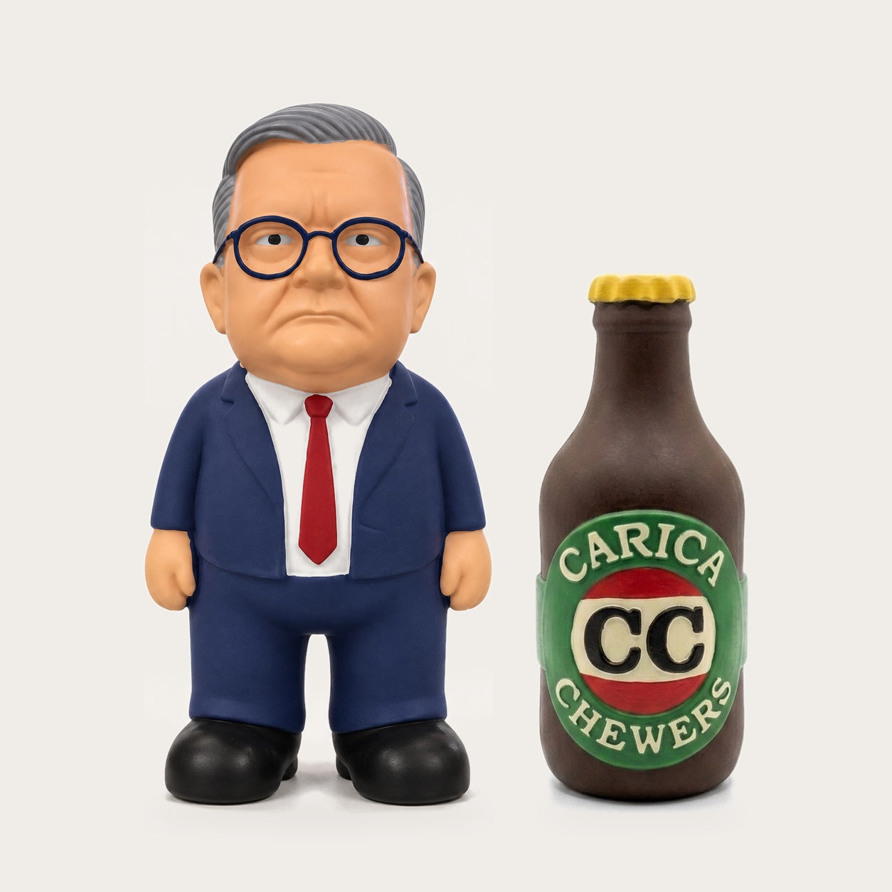 Large Anthony Albanese dog toy and Carica Chewers CC Long Neck beer bottle dog toy side by side